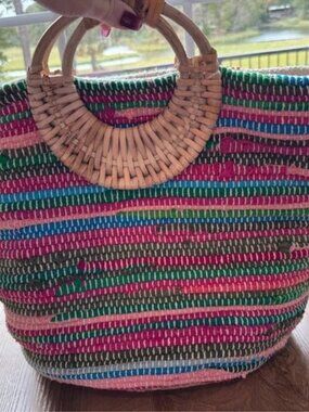Colorful Woven Boho Tote Bag Beach Bag Wood Handles